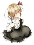  1girl blonde_hair gorilla_(bun0615) hair_ribbon highres hot open_clothes red_eyes ribbon rumia short_hair skirt solo sweat touhou wince 