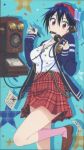  1girl absurdres blazer blue_hair bow breasts cleavage fountain_pen hair_bow hat highres long_sleeves mouth_hold nisekoi notepad pen plaid plaid_skirt red_eyes rotary_phone scan skirt socks suspenders tagme tsugumi_seishirou 
