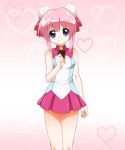  1girl blush character_request chiyo_(no3baki) double_bun heart looking_at_viewer pink_hair short_hair skirt smile solo yuu-gi-ou 