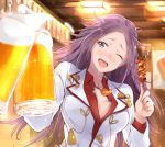  1girl beer_mug blush bouncing_breasts breasts bust cleavage food jun&#039;you_(kantai_collection) kantai_collection large_breasts long_hair long_sleeves one_eye_closed open_mouth pov_hands purple_hair smile sparkling_eyes tsukino_wagamo very_long_hair violet_eyes wink 