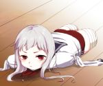  1girl amputee blush buruma long_hair looking_at_viewer lying on_stomach original quadruple_amputee red_eyes school_uniform serafuku solo white_hair 