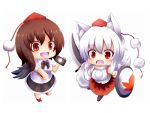  2girls animal_ears bare_shoulders black_wings blush book breasts brown_hair camera chibi detached_sleeves fang happy hat highres inubashiri_momiji looking_at_viewer multiple_girls oohirakeisuke open_mouth pom_pom_(clothes) red_eyes shameimaru_aya shield shirt short_hair silver_hair smile sword tail tokin_hat touhou weapon white_shirt wings wolf_ears wolf_tail 