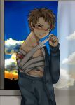  1boy absurdres amputee bandages brown_hair cardigan highres male msn_png original scar shadow solo 