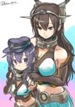  2girls akatsuki_(kantai_collection) bare_shoulders black_hair blue_eyes brown_eyes cosplay grin hairband hat kantai_collection kurono_tokage long_hair multiple_girls nagato_(kantai_collection) nagato_(kantai_collection)_(cosplay) navel skirt smile 