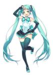  1girl bishoujo_senshi_sailor_moon btoor choker elbow_gloves fingerless_gloves gloves green_eyes green_hair hand_on_hip hatsune_miku highres long_hair open_mouth sailor_senshi_(cosplay) simple_background skirt solo thighhighs twintails v vocaloid white_background 