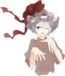  1girl blood blood_on_face blue_hair bow dress fang hat hat_bow looking_at_viewer mob_cap one_eye_closed pink_dress puffy_short_sleeves puffy_sleeves red_eyes remilia_scarlet shihou_(g-o-s) short_sleeves simple_background smile solo touhou white_background wink 