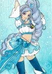  1girl aono_miki blue blue_background blue_hair blue_legwear blue_skirt boots choker cure_berry drill_hair earrings eyelashes fresh_precure! frilled_skirt frills hair_ornament hairband happy heart heart_hair_ornament jewelry knee_boots lipstick long_hair looking_at_viewer magical_girl makeup midriff navel ponytail precure ribbon sayococco shirt side_ponytail skirt smile solo standing thigh-highs thighs very_long_hair violet_eyes wrist_cuffs zettai_ryouiki 