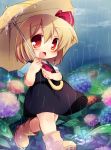  1girl ascot blonde_hair boots clouds cloudy_sky fang flower hair_ribbon highres hydrangea looking_at_viewer matatabi_(nigatsu) open_mouth rain red_eyes ribbon rubber_boots rumia shirt short_sleeves skirt skirt_set sky smile solo touhou umbrella vest walking 