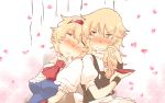  2girls alice_margatroid apron black_dress blonde_hair blue_dress blush braid capelet closed_eyes dress drunk hairband kirisame_marisa lolita_hairband multiple_girls non_(z-art) petals puffy_short_sleeves puffy_sleeves sakazuki short_sleeves single_braid sleeping touhou waist_apron yellow_eyes 