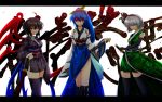  3girls alternate_costume asymmetrical_wings black_gloves black_hair black_legwear blue_hair boots detached_sleeves elbow_gloves food fruit gloves green_eyes grin hair_ribbon hand_on_hilt highres hinanawi_tenshi houjuu_nue japanese_clothes katana kimono knee_boots konpaku_youmu letterboxed long_sleeves multiple_girls nekominase obi peach red_eyes ribbon sash silver_hair smile sword thigh-highs touhou weapon wide_sleeves wings zettai_ryouiki 