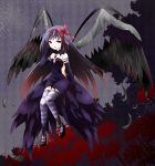  1girl akemi_homura akuma_homura argyle argyle_legwear bare_shoulders black_hair bow choker dress elbow_gloves feathered_wings feathers floating flower gloves hair_bow hair_tussle highres kiriko long_hair mahou_shoujo_madoka_magica mahou_shoujo_madoka_magica_movie silhouette sky solo spider_lily spoilers star_(sky) starry_sky thigh-highs tree very_long_hair violet_eyes wings zettai_ryouiki 