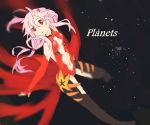  1girl bare_shoulders black_legwear breasts center_opening cleavage detached_sleeves elbow_gloves fingerless_gloves gloves guilty_crown hair_ornament hairclip highres long_hair looking_at_viewer navel pink_hair red_eyes solo space thigh-highs twintails yuzuriha_inori 