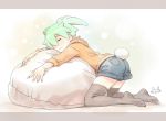  1boy bunny_tail closed_eyes fei_rune green_hair inazuma_eleven_(series) inazuma_eleven_go inazuma_eleven_go_chrono_stone letterboxed male mizuhara_aki shorts smile solo tail thigh-highs 