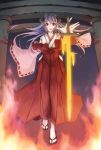  1girl detached_sleeves flame hanyuu higurashi_no_naku_koro_ni horns japanese_clothes long_hair looking_at_viewer m_sakura15 miko open_mouth outstretched_hand purple_hair red_eyes sandals solo standing sword tabi torii weapon 