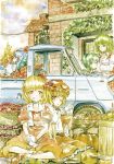  5girls aki_minoriko aki_shizuha antennae apple blonde_hair blue_eyes blue_hair bow car carrot cigarette cirno cleaning_face cup eating food fruit gloves grapes green_eyes green_hair hair_bow hair_ornament harvest highres house ice ice_wings indian_style juliet_sleeves kazami_yuuka long_sleeves master_(4th) mob_cap motor_vehicle multiple_girls one_eye_closed open_mouth pencil_crayon_(medium) puffy_short_sleeves puffy_sleeves pumpkin red_eyes shirt short_sleeves siblings sisters sitting skirt sky teacup teapot touhou traditional_media vehicle watercolor_(medium) white_gloves wings wink wriggle_nightbug yellow_eyes 