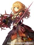  1girl armor blonde_hair highres long_hair monster_hunter rathian_(armor) shield solo sword weapon 