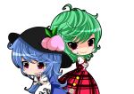 ascot blue_hair blush bow chibi crossed_arms fingers_together flower food fruit green_hair hat hinanawi_tenshi kayama_benio kazami_yuuka long_hair multiple_girls open_mouth peach plaid plaid_skirt plaid_vest red_eyes short_hair simple_background skirt skirt_set smile tears touhou white_background