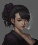  1girl bare_shoulders black_hair breasts cigarette cleavage face high_ponytail mole_under_eye original smoking youyi_(ww5413203) 
