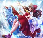  1girl :d ascot bird bow breasts brown_eyes brown_hair clouds detached_sleeves feathers frilled_skirt frills hair_bow hair_tubes hakurei_reimu long_hair midriff navel open_mouth ribbon-trimmed_sleeves ribbon_trim satoji_(ochanomkmskry) see-through shoes skirt sky smile socks solo sun touhou transparent wide_sleeves 