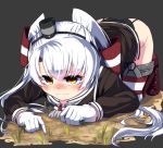  1girl amatsukaze_(kantai_collection) black_panties blush eating gloves grass hair_ornament kantai_collection long_hair panties silver_hair solo tears tenken_(gotannda) twintails underwear wavy_mouth white_gloves yellow_eyes 