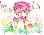  1girl blue_eyes dated flower happy_birthday jojo_no_kimyou_na_bouken mapi pink_hair short_hair solo trish_una tulip 