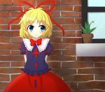  1girl :&gt; arms_behind_back blonde_hair blue_eyes bowtie brick_wall distortion frilled_shirt frilled_shirt_collar hair_ribbon long_skirt looking_to_the_side medicine_melancholy plant potted_plant puffy_short_sleeves puffy_sleeves ribbon ribbon_trim short_hair short_sleeves skirt solo tareme teoi_(good_chaos) touhou window 