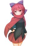  1girl bow cape hair_bow hand_on_hip hokke_(iky9917) large_bow looking_at_viewer miniskirt pink_eyes red_eyes sekibanki short_hair skirt solo touhou tunic white_background 