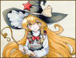  1girl blonde_hair blush bow braid buttons capelet hat holding kirisame_marisa long_hair long_sleeves shiratama_(hockey) side_braid smile solo star touhou traditional_media very_long_hair wand witch_hat yellow_eyes 