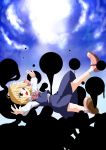  1girl :d bare_legs blonde_hair blouse darkness flying hair_ribbon highres open_mouth outstretched_arms red_eyes ribbon rumia short_hair skirt sky smile spread_arms touhou vest you_shugyouchuu 