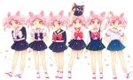  6+girls ;d arm_up bishoujo_senshi_sailor_moon blue_skirt bow brooch chibi_usa double_bun hands_on_hips jewelry luna-p multiple_girls multiple_persona one_eye_closed open_mouth pink_hair pleated_skirt red_eyes saki_(hxaxcxk) school_uniform serafuku shoes short_hair skirt smile socks standing twintails white_background wink 