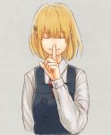  1girl blonde_hair closed_eyes finger_to_mouth izumi_(izumiya) school_uniform short_hair tamako_market tokiwa_midori 