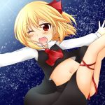  1girl ascot blonde_hair blush bow chiya fang hair_bow milky_way navel one_eye_closed outstretched_arms red_eyes rumia solo star_(sky) thigh_strap thighs touhou wink 
