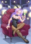  1girl animal_ears bowtie bunnysuit couch detached_collar drunk fishnet_pantyhose fishnets glass goblet highres jun&#039;you_(kantai_collection) kantai_collection long_hair okapi_kingdom pantyhose purple_hair rabbit_ears sitting tongue tongue_out violet_eyes wrist_cuffs 