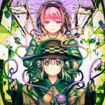  2girls album_cover cover green_eyes hairband hat headphones heart heart_of_string komeiji_koishi komeiji_satori long_sleeves multiple_girls organ_derwald pink_eyes pink_hair shirt siblings silver_hair sisters smile third_eye touhou wide_sleeves 