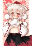  1girl animal_ears bare_shoulders blush breasts character_name detached_sleeves embarrassed hat highres inubashiri_momiji leaf leaf_background looking_at_viewer midriff navel nuts0610 pom_pom_(clothes) red_eyes short_hair silver_hair solo tokin_hat touhou wavy_mouth wolf_ears 
