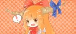 ! 1girl blush bow chibi fang hair_bow heart horns ibuki_suika long_hair open_mouth orange_background orange_eyes orange_hair ribbon touhou 
