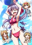  &gt;_&lt; 4girls alice_margatroid animal_ears bikini blue_eyes bow cat_ears cat_tail hair_bow hairband hat hat_bow hemogurobin_a1c long_hair luize multiple_girls one_eye_closed purple_hair red_eyes seaside shinki swimsuit tail touhou touhou_(pc-98) wings wink yumeko 