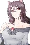  1girl :&lt; absurdres animal_ears bare_shoulders breasts brown_hair cleavage collarbone dress fingernails highres imaizumi_kagerou jewelry large_breasts long_hair looking_at_viewer nekomata_kyou red_eyes solo touhou werewolf wolf_ears 