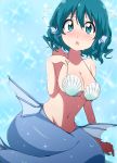  1girl alternate_costume animal_ears bare_shoulders blue_eyes blue_hair breasts bwell head_fins large_breasts mermaid monster_girl navel open_mouth shell shell_bikini short_hair solo touhou wakasagihime 