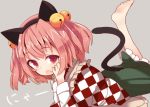  1girl animal_ears apron barefoot bell beni_shake cat_ears cat_tail fake_animal_ears fang hair_bell hair_ornament japanese_clothes kemonomimi_mode kimono leg_up looking_at_viewer motoori_kosuzu nyan open_mouth red_eyes redhead solo tail touhou two_side_up 