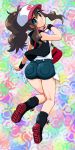  1girl ass bag baseball_cap blue_eyes blush boots brown_hair colorful denim denim_shorts from_behind full_body handbag hat high_ponytail highres holding holding_poke_ball long_hair looking_back m.m poke_ball pokemon pokemon_(game) pokemon_bw shorts smile solo touko_(pokemon) vest wristband 