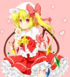  1girl arms_behind_back ascot blonde_hair crystal flandre_scarlet frilled_skirt frills heart heart_background highres norori peace_symbol pink_background pointy_ears pouty_lips red_clothes red_eyes red_skirt ribbon short_hair side_ponytail skirt solo touhou v white_blouse wings wrist_cuffs 