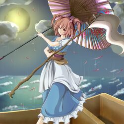  1girl apron boat cleavage clouds dress ekusera frown full_moon hair_bobbles hair_ornament index_finger_raised large_breasts looking_at_viewer moon obi onozuka_komachi oriental_umbrella rain red_eyes redhead sash scythe short_hair short_sleeves solo touhou twintails umbrella waist_apron waves 