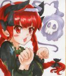  animal_ears bow braid cat_ears edaman fang hair_bow kaenbyou_rin marker_(medium) millipen_(medium) paw_pose pointy_ears red_eyes redhead shikishi touhou traditional_media twin_braids 