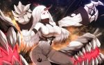  1girl bare_shoulders breasts claws detached_sleeves glowing glowing_eyes hews_hack horn kantai_collection large_breasts long_hair pale_skin red_eyes ribbed_dress seaport_hime shinkaisei-kan sideboob solo white_hair 