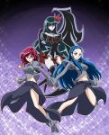  3girls alternate_hair_length alternate_hairstyle anniversary arudebido black_dress black_gloves black_legwear blue_eyes blue_hair boots crossover dark_precure detached_sleeves dress earrings eyelashes futari_wa_precure_splash_star gloves green_hair grey_eyes grey_shirt hair_ornament happy heartcatch_precure! heterochromia high_heels highres jewelry kiryuu_kaoru kiryuu_michiru long_hair looking_at_viewer midriff multiple_girls navel older precure red_eyes redhead shirt smile thigh-highs thigh_boots thighs wings yellow_eyes zettai_ryouiki 