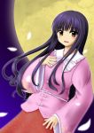  1girl black_hair blue_background blush bow brown_eyes dutch_angle full_moon gradient gradient_background hand_on_own_chest highres houraisan_kaguya japanese_clothes kazuki_ena long_hair long_sleeves looking_at_viewer moon open_mouth petals solo touhou 