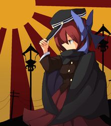  1girl adapted_costume adjusting_clothes adjusting_hat bow cabbie_hat cape hat high_collar lamppost large_bow long_skirt long_sleeves monochrome_background mspaint nagaresimasu pleated_skirt power_lines red_eyes redhead rising_sun sekibanki short_hair skirt solo touhou tunic 