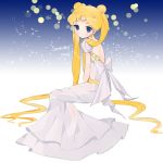  1girl bishoujo_senshi_sailor_moon blonde_hair blue_eyes bow character_name crescent double_bun dress expressionless facial_mark forehead_mark hair_ornament hairpin long_hair open-back_dress princess_serenity sitting solo strapless_dress tsukino_usagi twintails uttao white_dress 