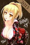  1girl 2013 :p blonde_hair blush breasts cleavage collarbone hair_bobbles hair_ornament highres japanese_clothes kimono long_sleeves looking_at_viewer nekur original ponytail smile solo tongue yellow_eyes 